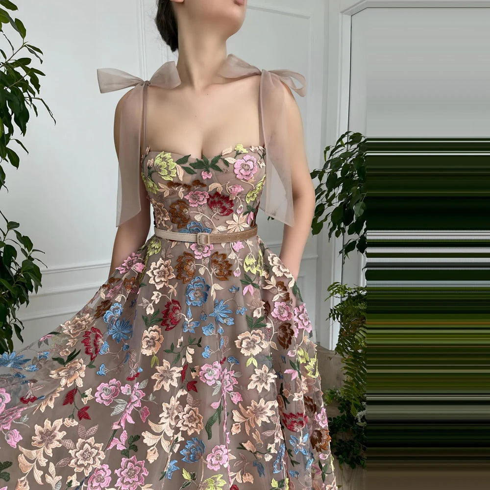 Homecoming Dresses A Line Straps Tulle Embroidery Flower Tea Length