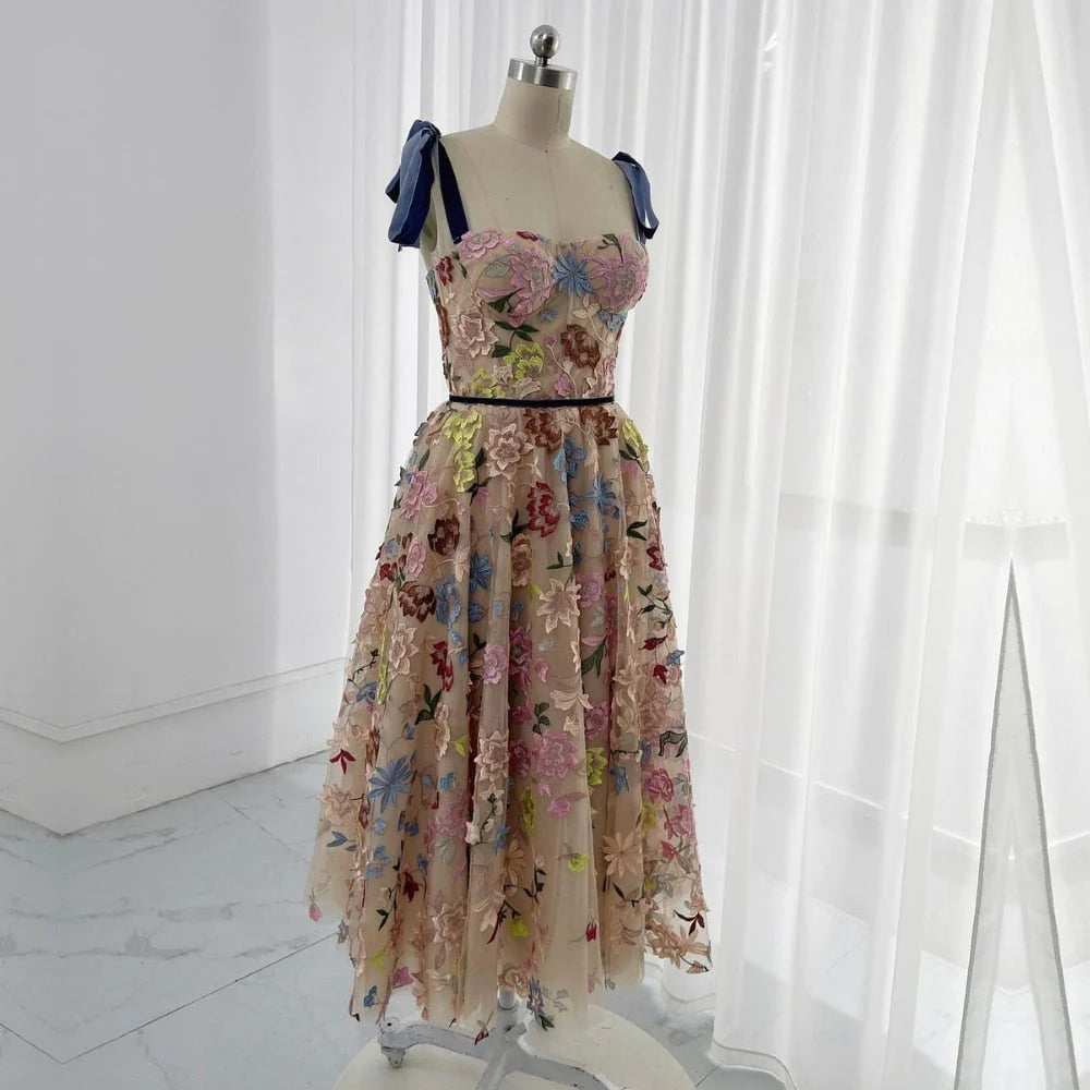 Homecoming Dresses A Line Straps Tulle Embroidery Flower Tea Length