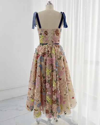 Homecoming Dresses A Line Straps Tulle Embroidery Flower Tea Length