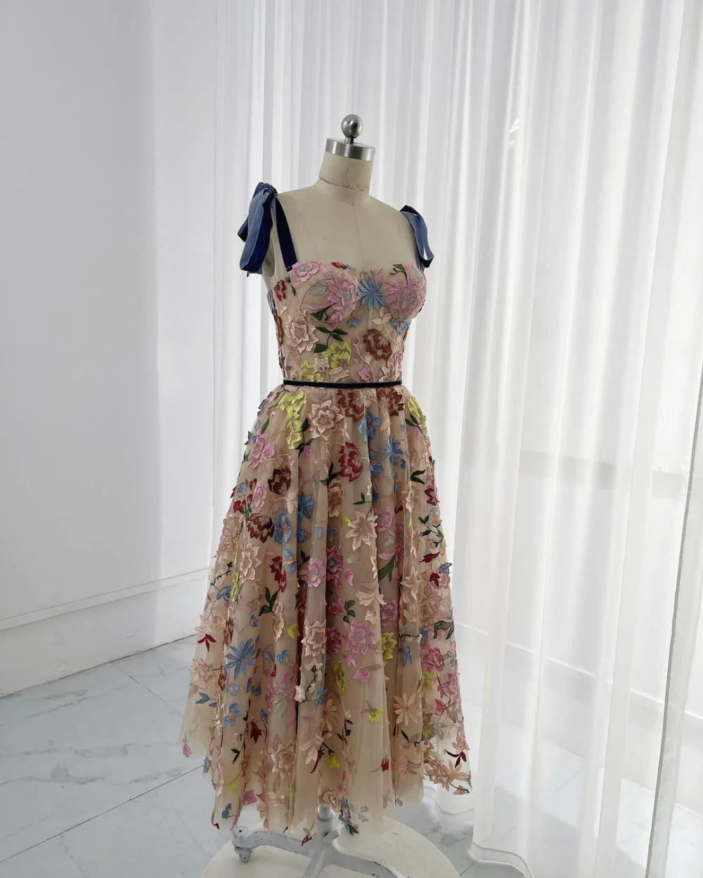 Homecoming Dresses A Line Straps Tulle Embroidery Flower Tea Length