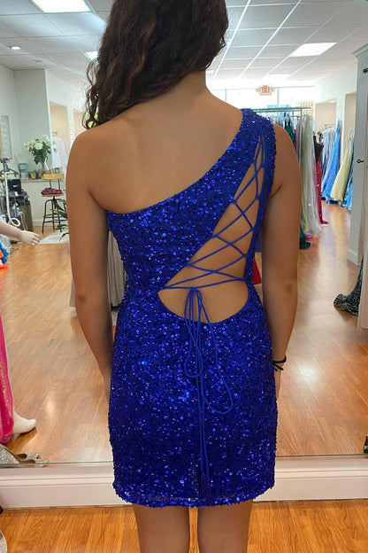 Homecoming Dresses Sheath Mini One Shoulder Sequins With Elegant Sheer Back