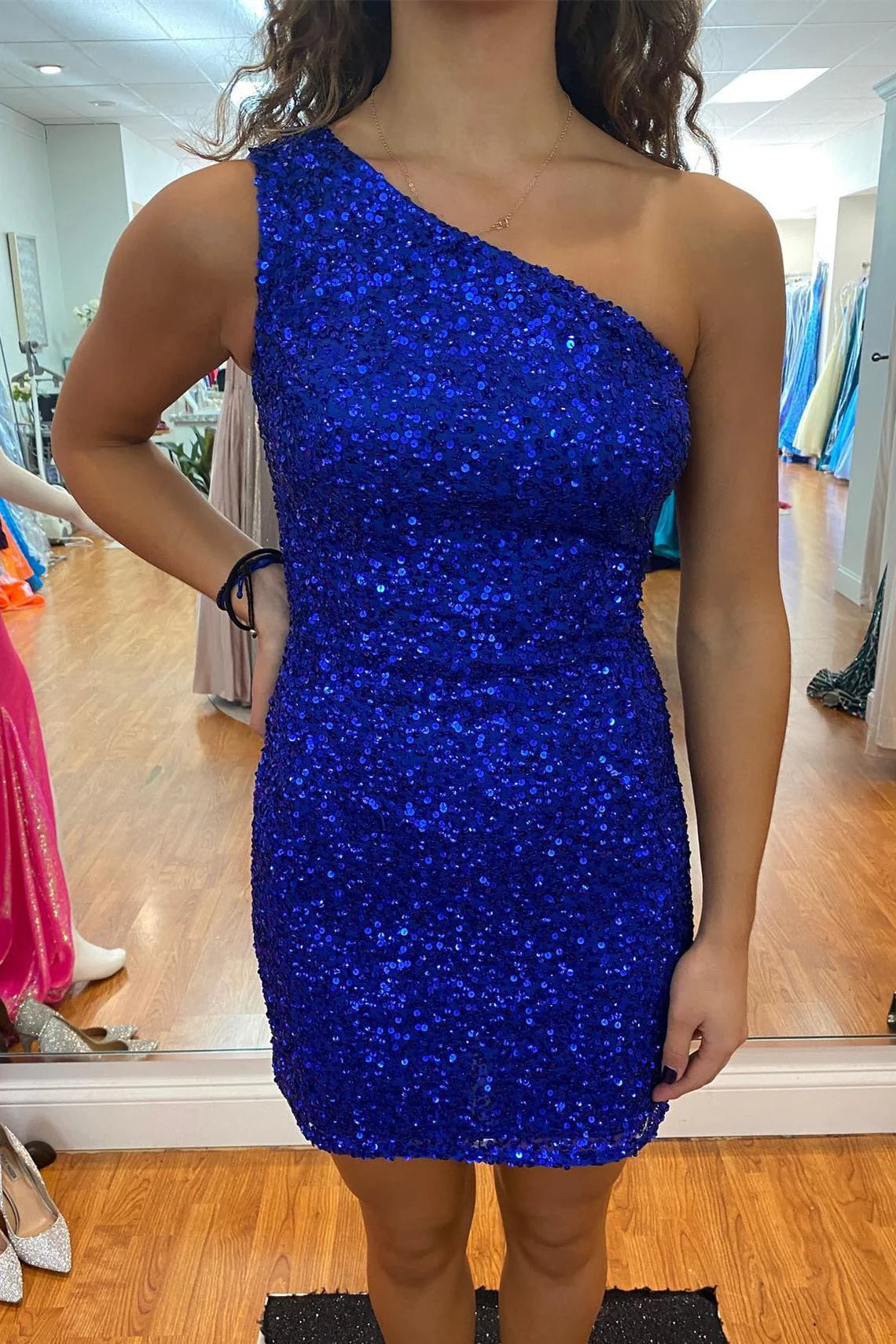 Homecoming Dresses Sheath Mini One Shoulder Sequins With Elegant Sheer Back