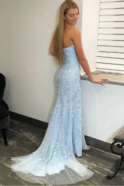 Hot Sale Blue Mermaid Strapless Applique Long Prom Dresses With Slit