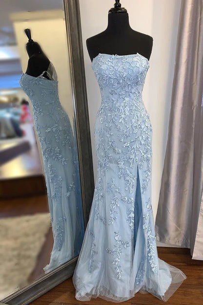 Hot Sale Blue Mermaid Strapless Applique Long Prom Dresses With Slit