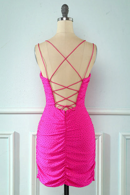 Hot Sale Sheath Spaghetti Straps Fuchsia Above Knee Homecoming Dress