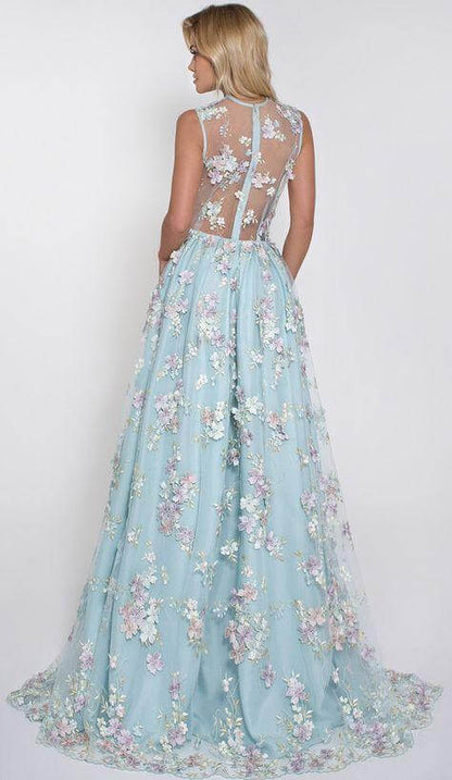 Hot Selling Deep V-neck Light Sky Blue Prom Dress with Flowers