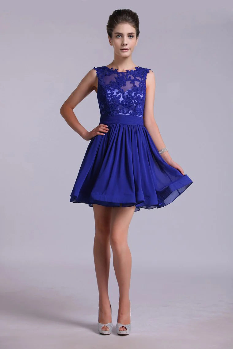 Hot Selling Homecoming Dresses Scoop A-Line Short/Mini Chiffon Dark Royal Blue