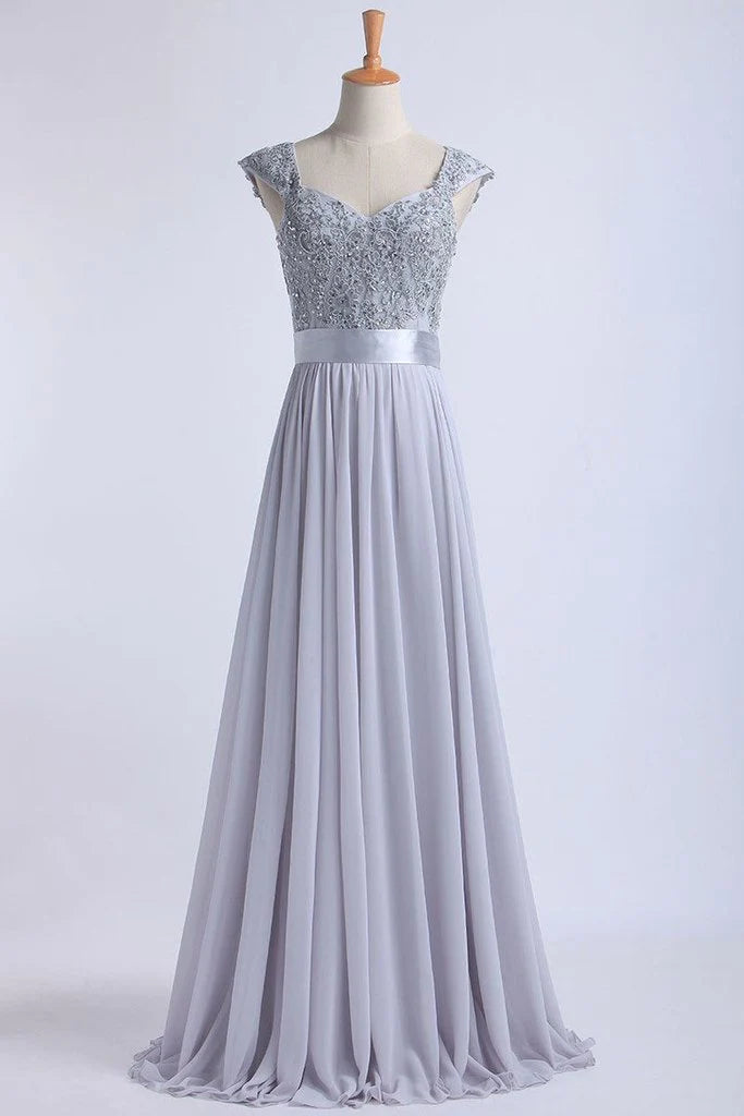 Hot V-Neck Chiffon Tulle Appliques Lace Cap Straps Sleeveless Beads Bridesmaid Dress