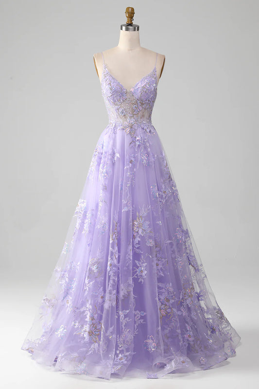 Beaira A-Line Sequins Purple Prom Dress with Embroidery