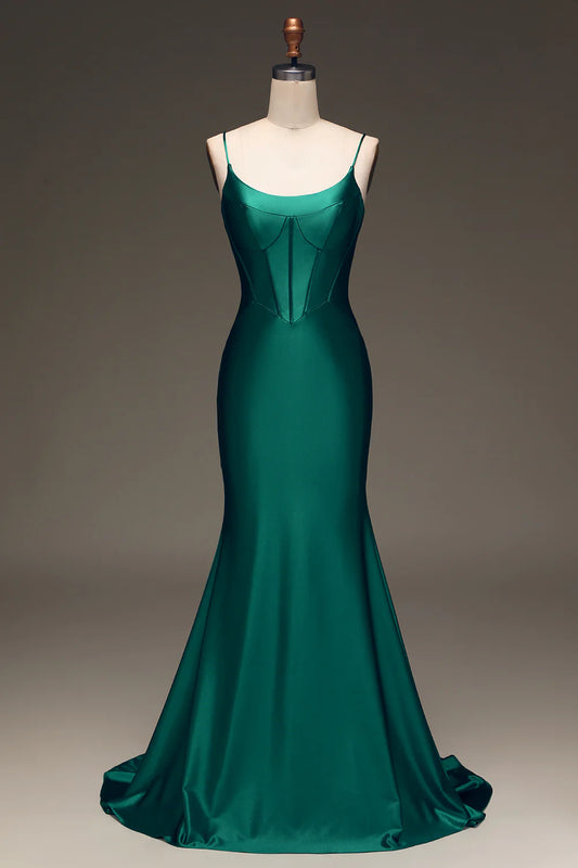 Beaira Satin Mermaid Lace-Up Back Dark Green Prom Dress with Corset