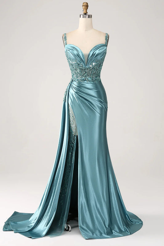 Beaira Blue Mermaid V-Neck Satin Long Appliques Sequin Prom Dress With Slit