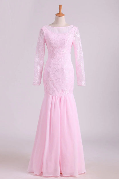 Lace Bateau Long Sleeves Mermaid Party Dresses Floor Length