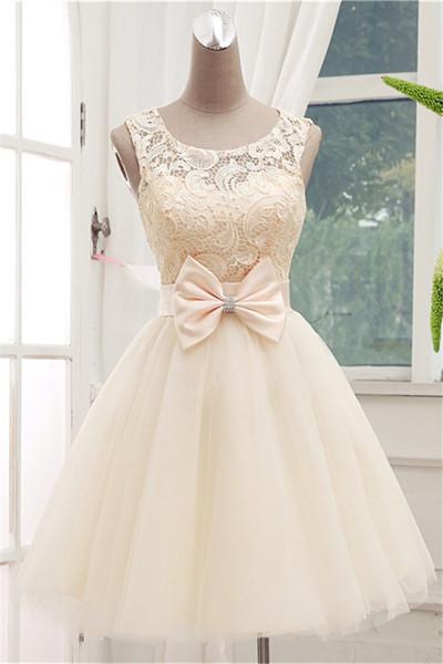 Lace Short Champagne Ball Gown Sleeveless Bowknot Open Back Scoop Homecoming Dresses