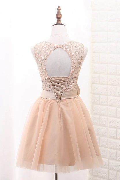 Lace Short Champagne Ball Gown Sleeveless Bowknot Open Back Scoop Homecoming Dresses