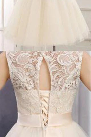 Lace Short Champagne Ball Gown Sleeveless Bowknot Open Back Scoop Homecoming Dresses