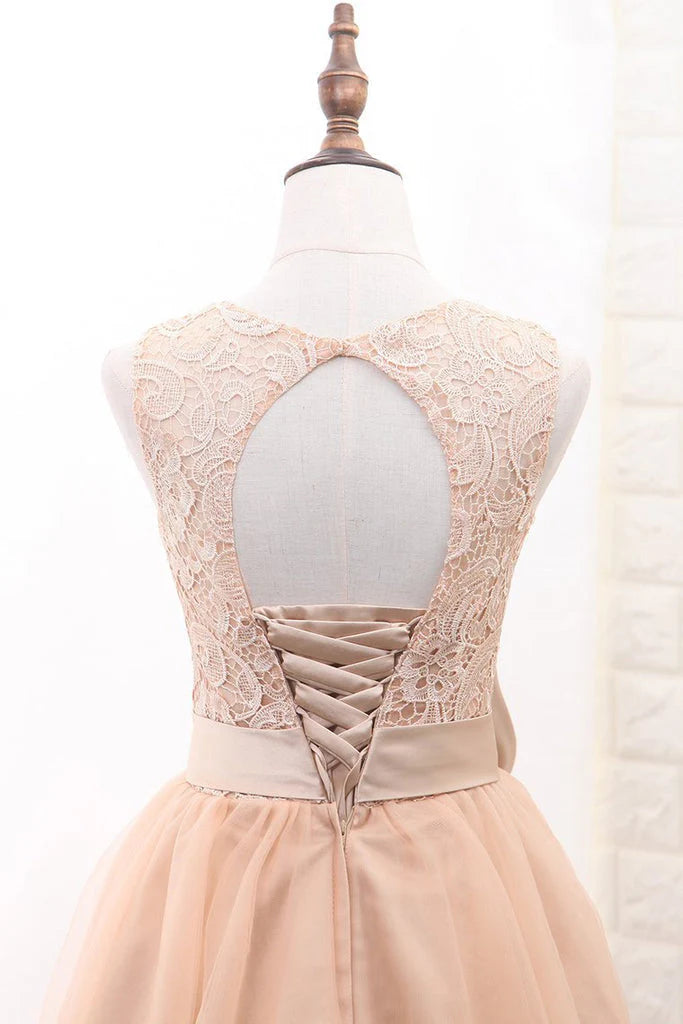 Lace Short Champagne Ball Gown Sleeveless Bowknot Open Back Scoop Homecoming Dresses