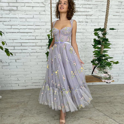 Lavender A Line Straps Homecoming Dress for Teens with Appliques Appliqued Cocktail Dress