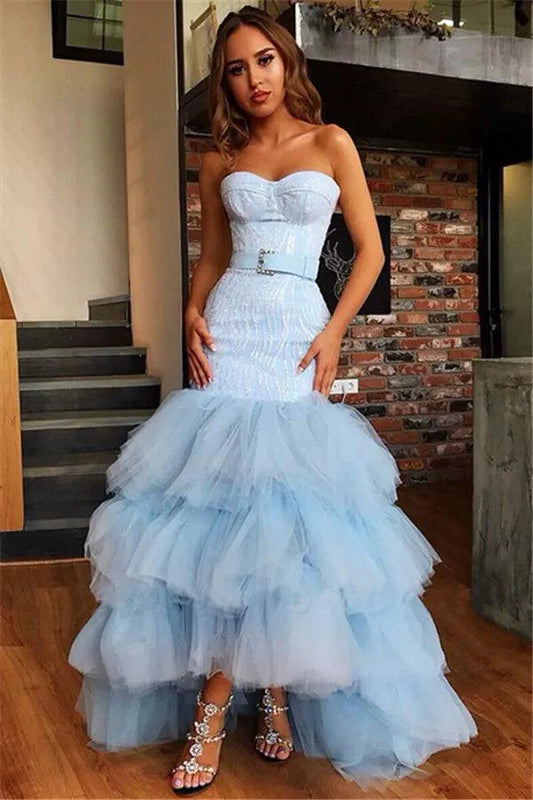 Mermaid Strapless Tulle Prom Dresses Bowknot Layers Evening Dresses