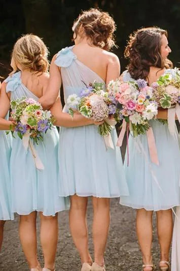 Light Blue One Shoulder Short Bridesmaid Dresses Chiffon Wedding Party Dress