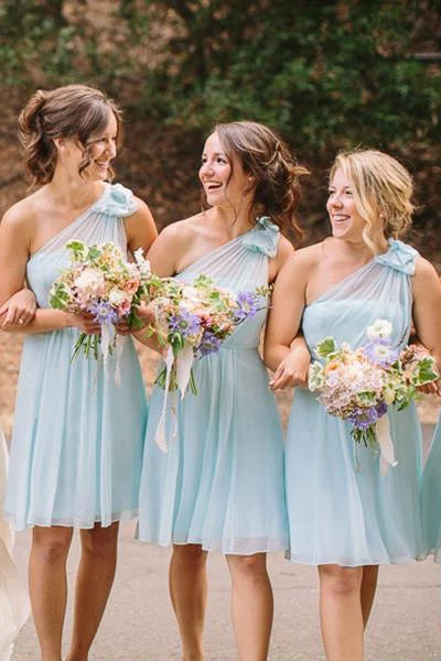 Light Blue One Shoulder Short Bridesmaid Dresses Chiffon Wedding Party Dress