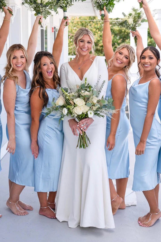 Light Blue Spaghetti Straps Cowl Neck Satin Bridesmaid Dresses