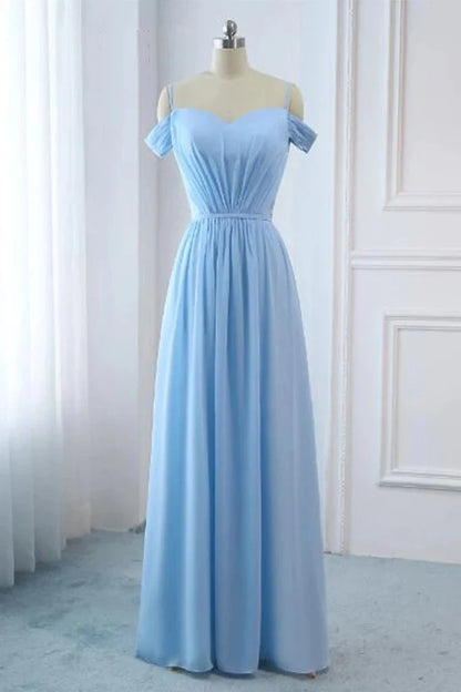 Light Sky Blue A-line Off the Shoulder Natural Waist Ruched Bridesmaid Dress Lace up Dress