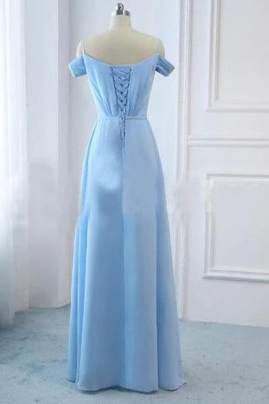 Light Sky Blue A-line Off the Shoulder Natural Waist Ruched Bridesmaid Dress Lace up Dress