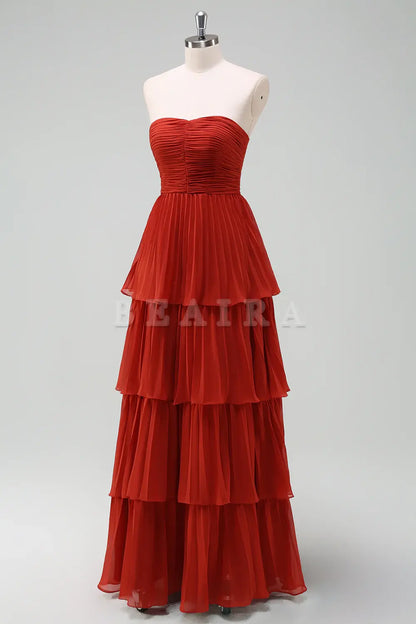 Beaira Rust A-Line Sweetheart Tiered Floor Length Chiffon Bridesmaid Dress Bridesmaid dress shop