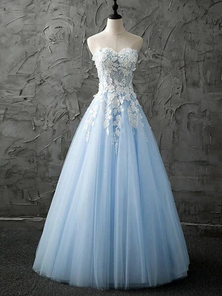 Strapless Sleeveless A-Line Sweetheart Tulle Prom Dresses With Appliques