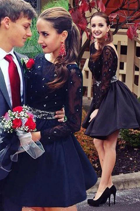 Long Sleeve Navy Blue Bateau Homecoming Dresses Open Back Short Cocktail Dresses