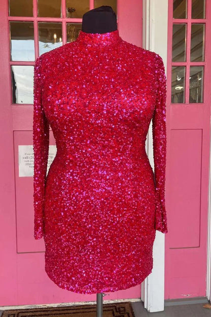 Long Sleeve Scoop Neck Backless Sheath Sequin Homecoming Dresses Cocktail Dress