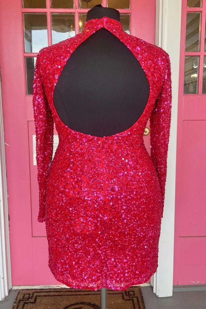 Long Sleeve Scoop Neck Backless Sheath Sequin Homecoming Dresses Cocktail Dress