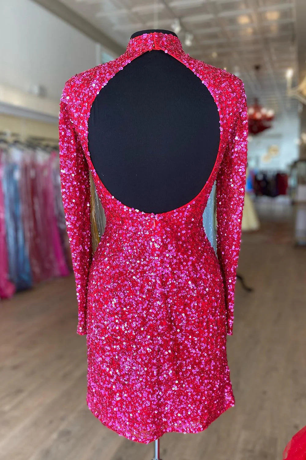 Long Sleeve Scoop Neck Backless Sheath Sequin Homecoming Dresses Cocktail Dress