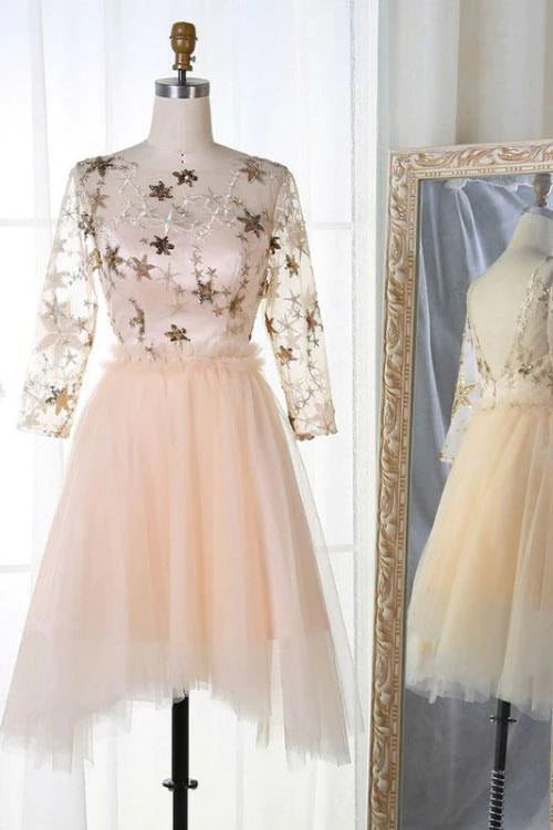 Long Sleeve Tulle Pink Homecoming Dresses with Lace V Neck Short Cocktail Dresses