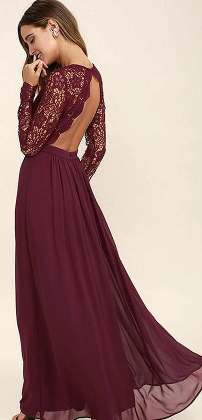 Long Sleeves V-Neck Lace Chiffon Open Back Floor-Length A-Line Burgundy Bridesmaid Dress