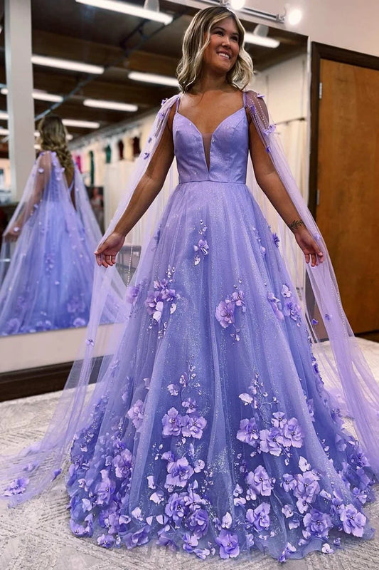 Luxury Ball Gown Tulle Spaghetti Straps 3D Flower Prom Dresses with Cape