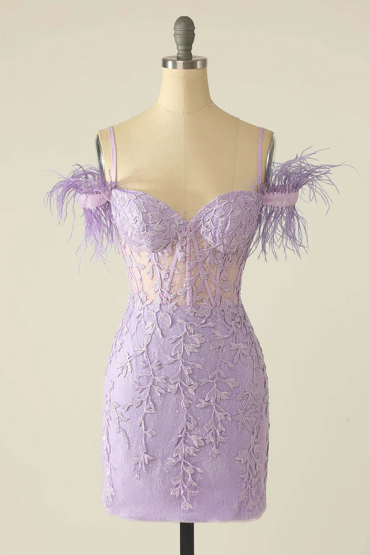 Sheath Column Spaghetti Straps Off-The-Shoulder Homecoming Dresses With Feathers