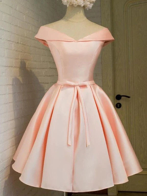 A-Line Off-The-Shoulder Sleeveless Satin Homecoming Dresses With Sash/Ribbon/Belt