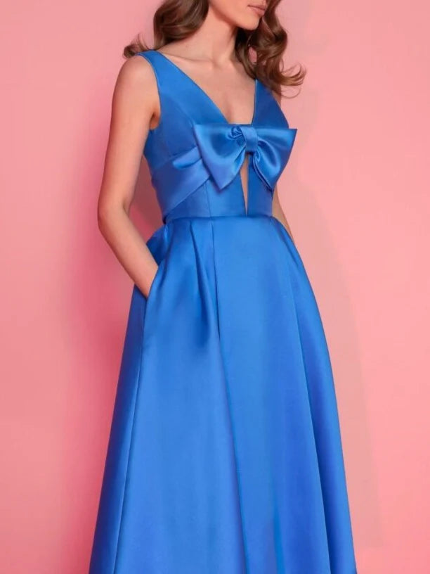 A-Line/Princess V-Neck Sleeveless Tea-Length Cocktail Dress With Knot Bow