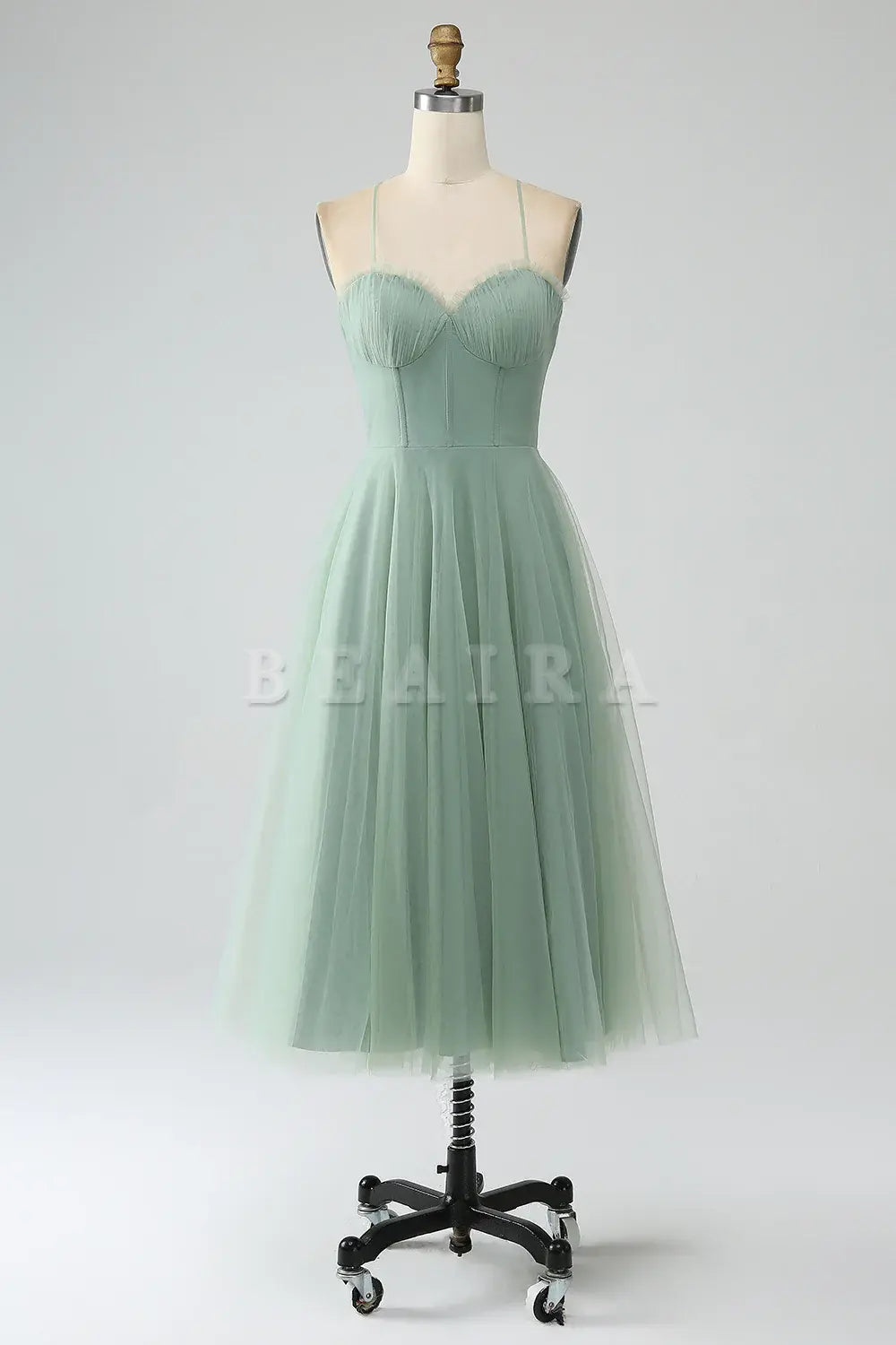 Beaira Matcha A-Line Spaghetti Straps Tea-Length Corset Tulle Bridesmaid Dress Bridesmaid dress shop