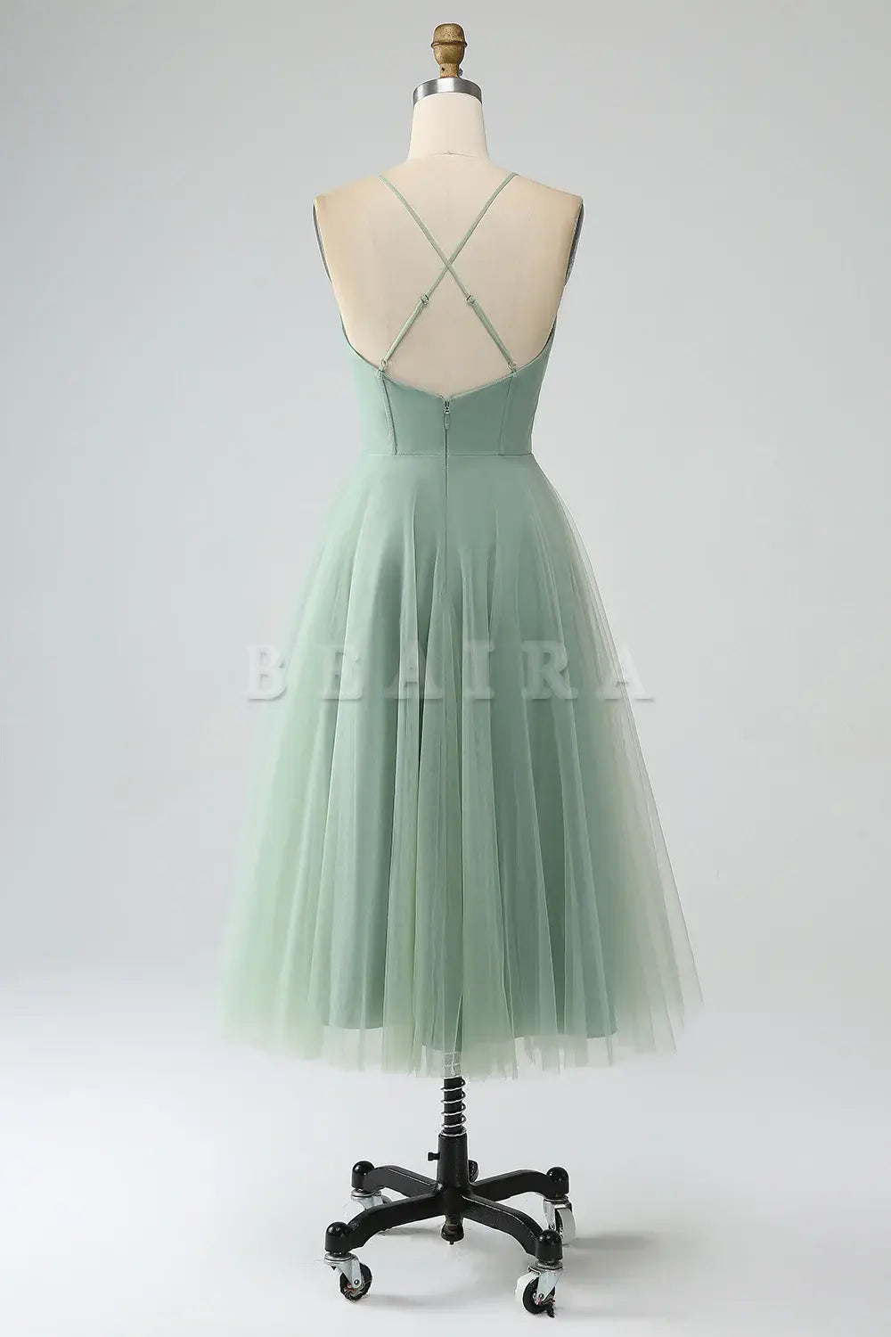 Beaira Matcha A-Line Spaghetti Straps Tea-Length Corset Tulle Bridesmaid Dress Bridesmaid dress shop