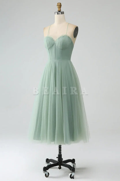 Beaira Matcha A-Line Spaghetti Straps Tea-Length Corset Tulle Bridesmaid Dress Bridesmaid dress shop