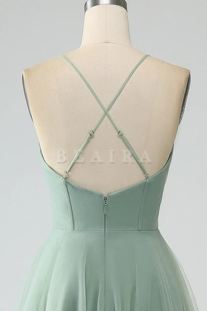 Beaira Matcha A-Line Spaghetti Straps Tea-Length Corset Tulle Bridesmaid Dress Bridesmaid dress shop