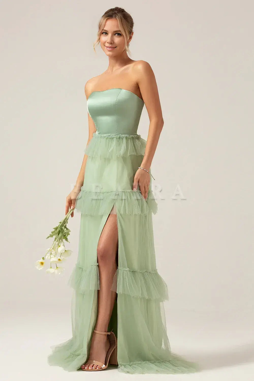 Beaira Matcha A-Line Tiered Strapless Tiered Long Bridesmaid Dress With Slit Bridesmaid dress shop