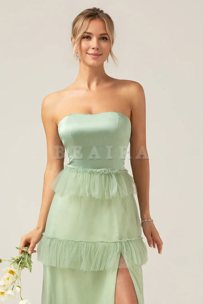 Beaira Matcha A-Line Tiered Strapless Tiered Long Bridesmaid Dress With Slit Bridesmaid dress shop