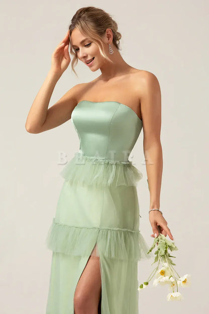 Beaira Matcha A-Line Tiered Strapless Tiered Long Bridesmaid Dress With Slit Bridesmaid dress shop