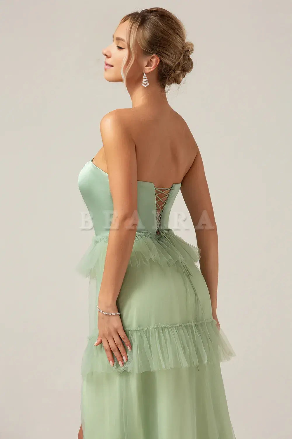 Beaira Matcha A-Line Tiered Strapless Tiered Long Bridesmaid Dress With Slit Bridesmaid dress shop