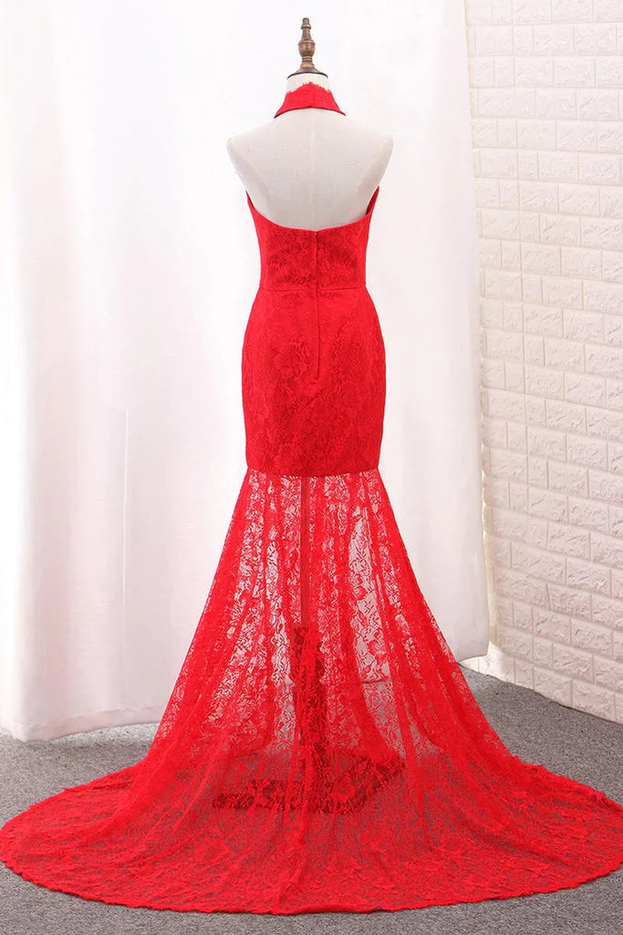 Mermaid High Neck Party Dresses Lace With Slit Sweep Train