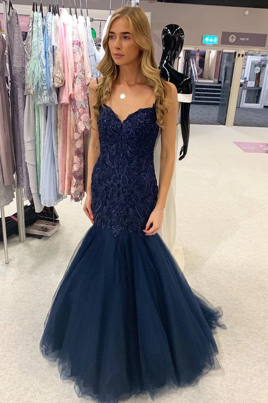 Mermaid Long Dark Navy Lace Applique Evening Dress With Beads Gorgeous Tulle Prom Dress With Beading