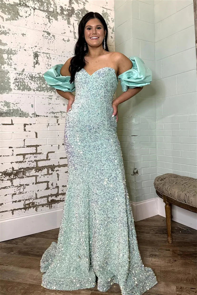 Mermaid Off The Shoulder Sweetheart Puff Sleeves Sequins Long Prom Dress